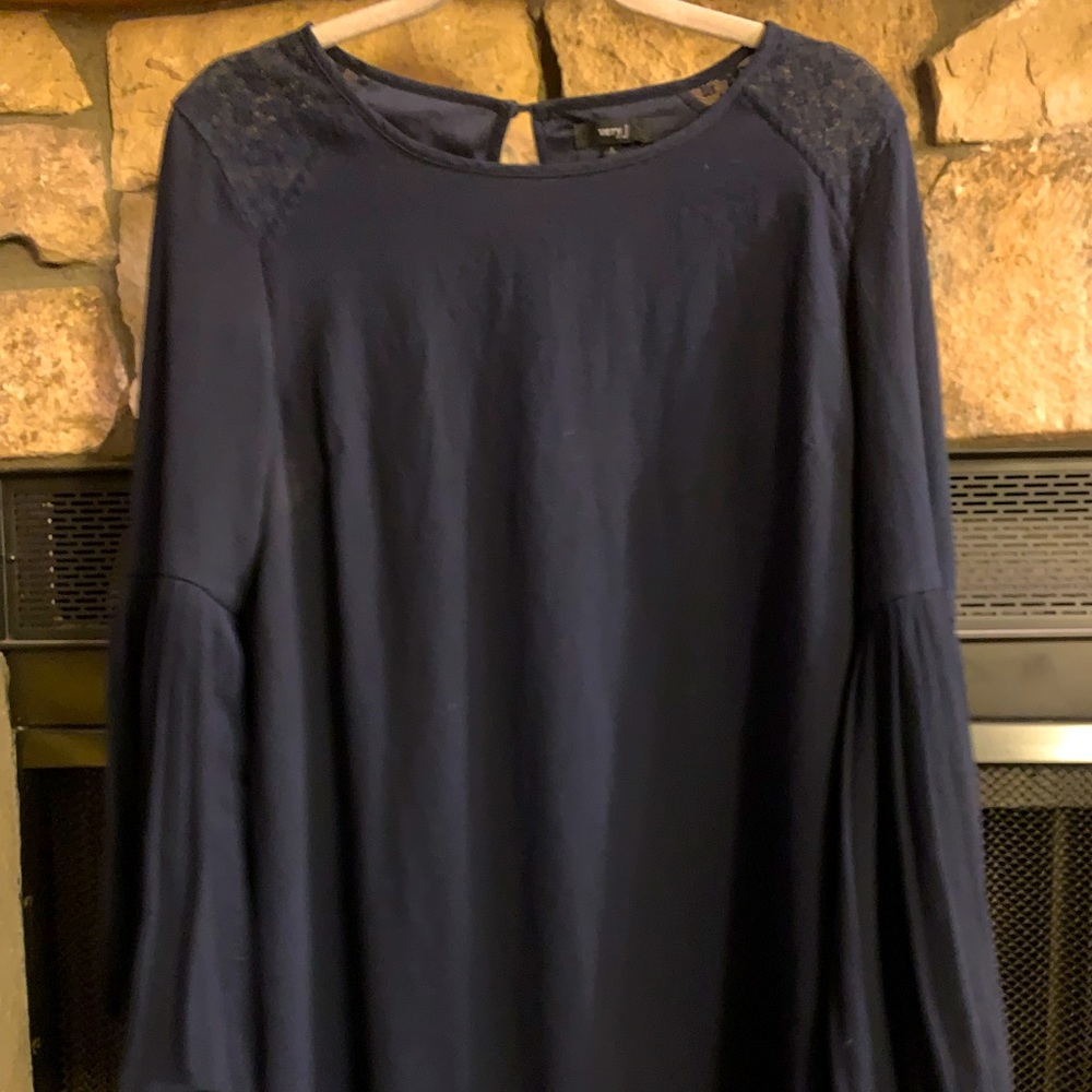 Very J Pleated Bell Long Sleeve Navy Shift Dress Size Large